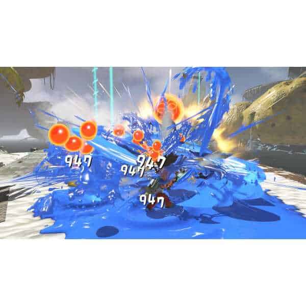 Intense Splatoon raid with ink splashes and combat effects.