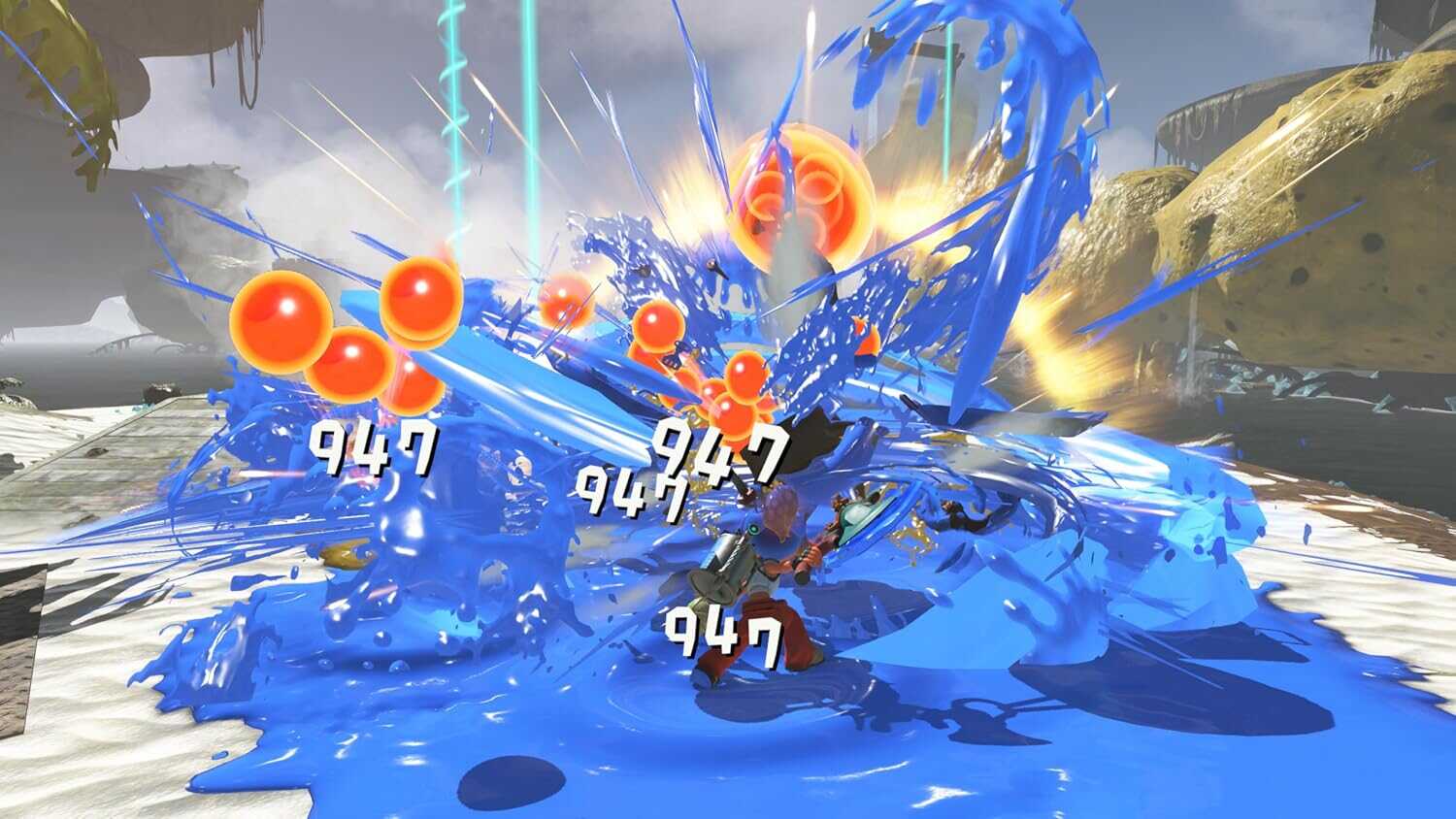 Intense Splatoon raid with ink splashes and combat effects.