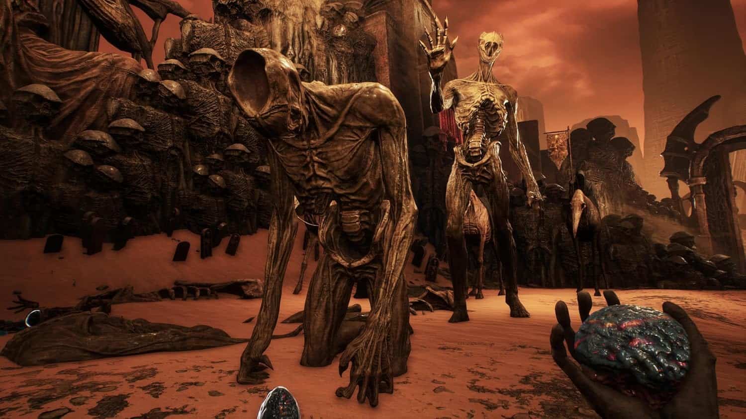 Dark fantasy scene with undead creatures in a desolate landscape.