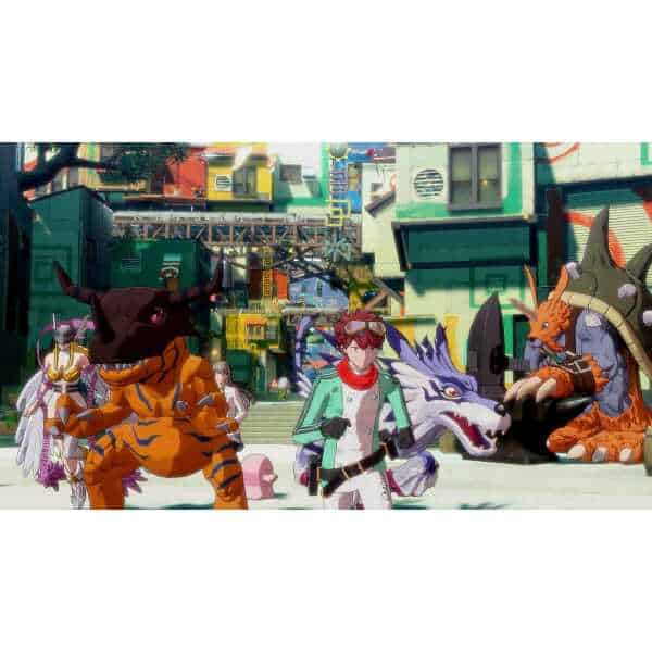 Fantasy characters with dragons and mythical creatures in colorful cityscape.