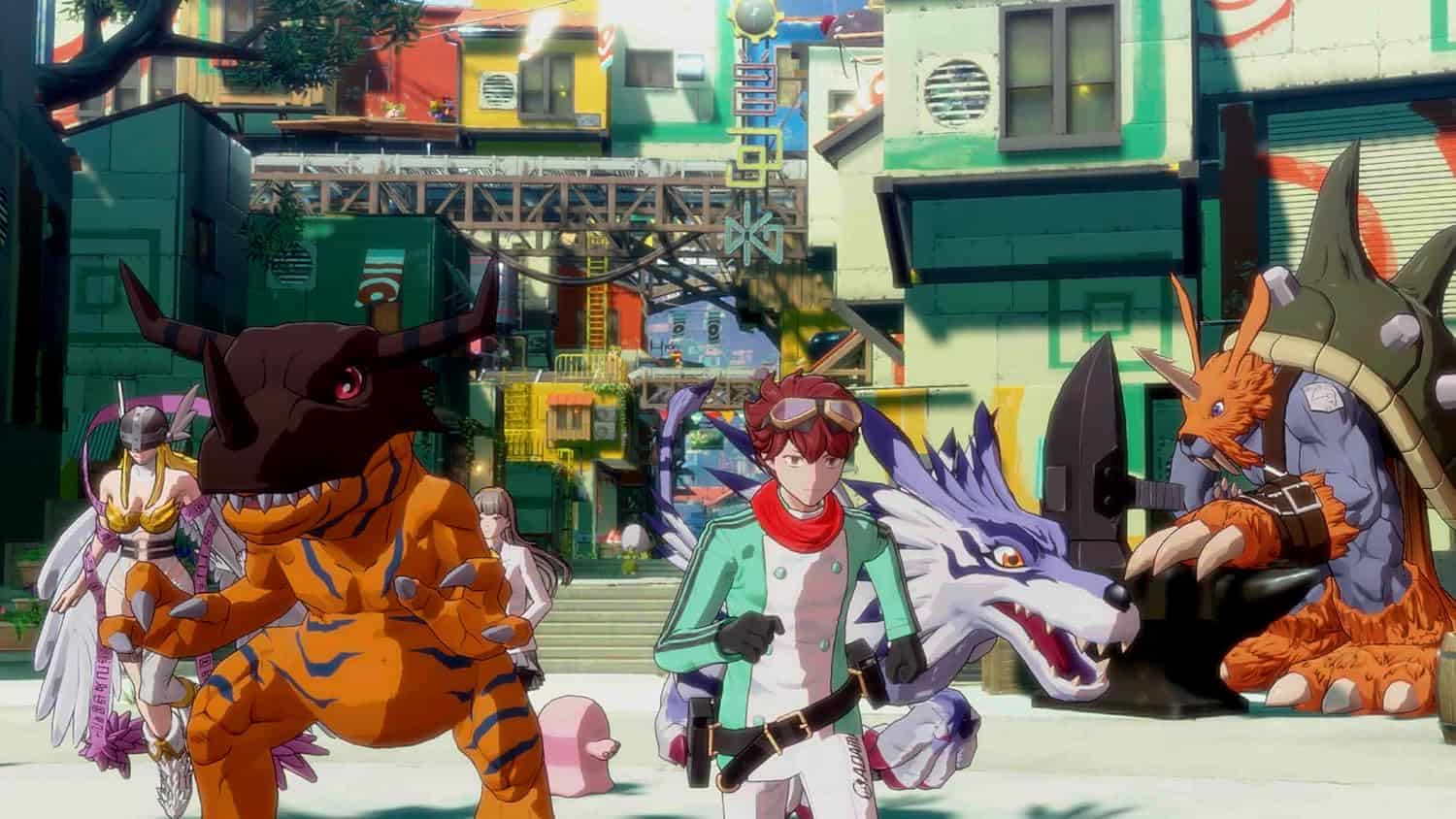 Fantasy characters with dragons and mythical creatures in colorful cityscape.