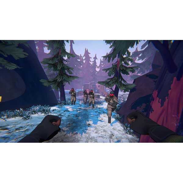 First-person view of armed players in a snowy forest setting.