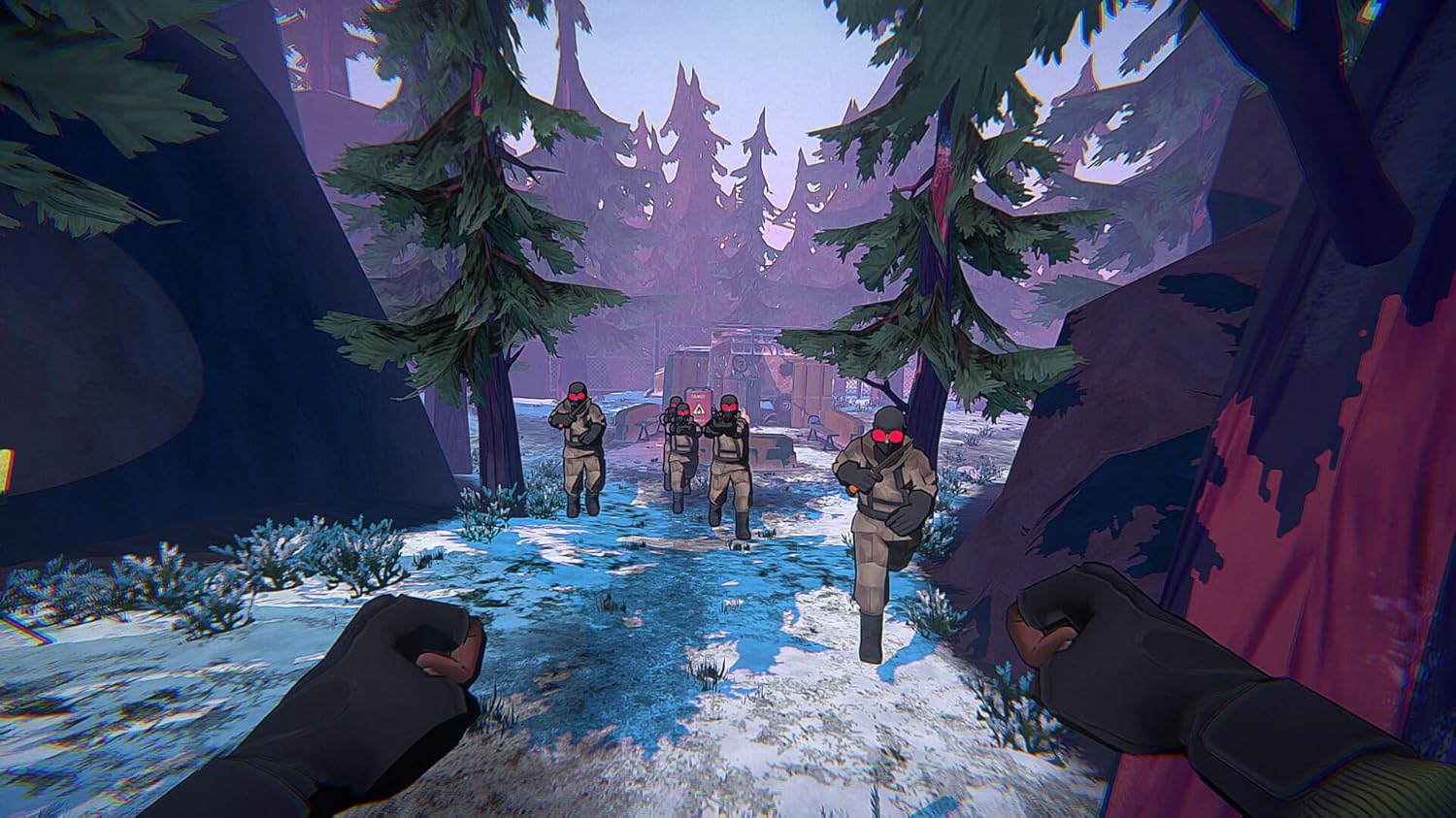 First-person view of armed players in a snowy forest setting.
