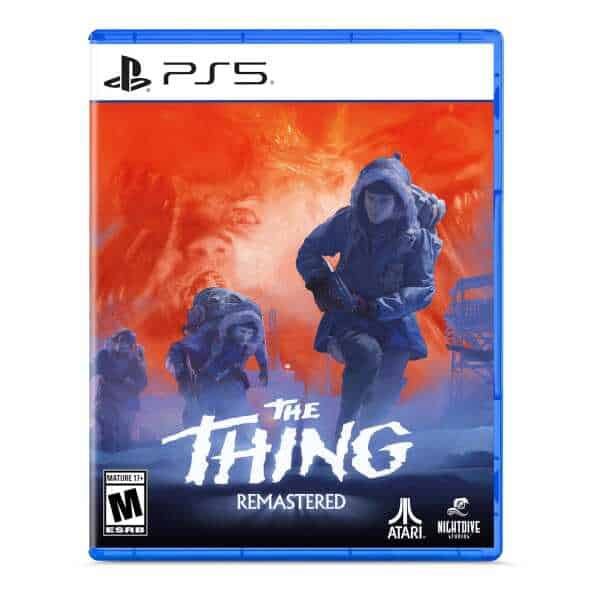 PS5 game cover for The Thing Remastered, featuring a chilling scene with explorers in a snowy landsc.