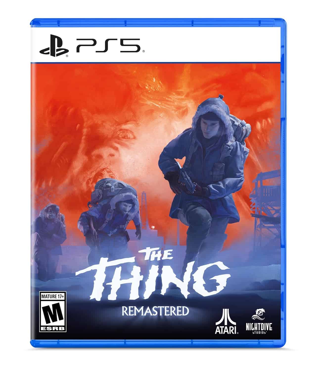 PS5 game cover for The Thing Remastered, featuring a chilling scene with explorers in a snowy landsc.