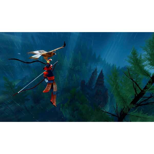 Fantasy warrior flying over lush forest with ancient temples during rainstorm.