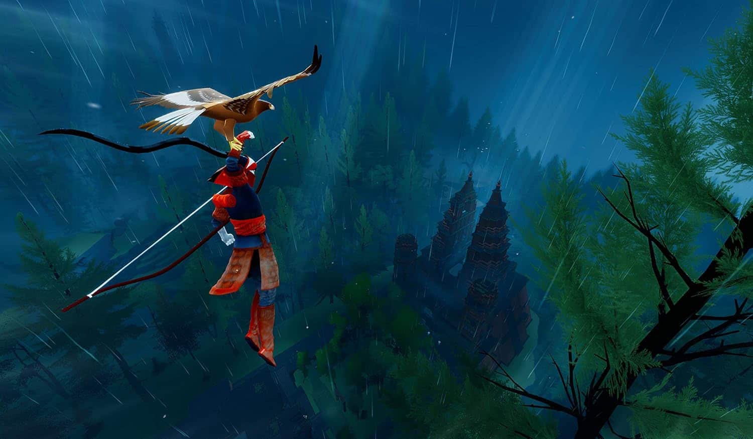Fantasy warrior flying over lush forest with ancient temples during rainstorm.