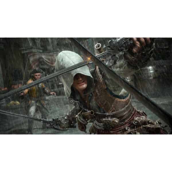 Medieval warrior in rain with sword and shield, intense battle scene.