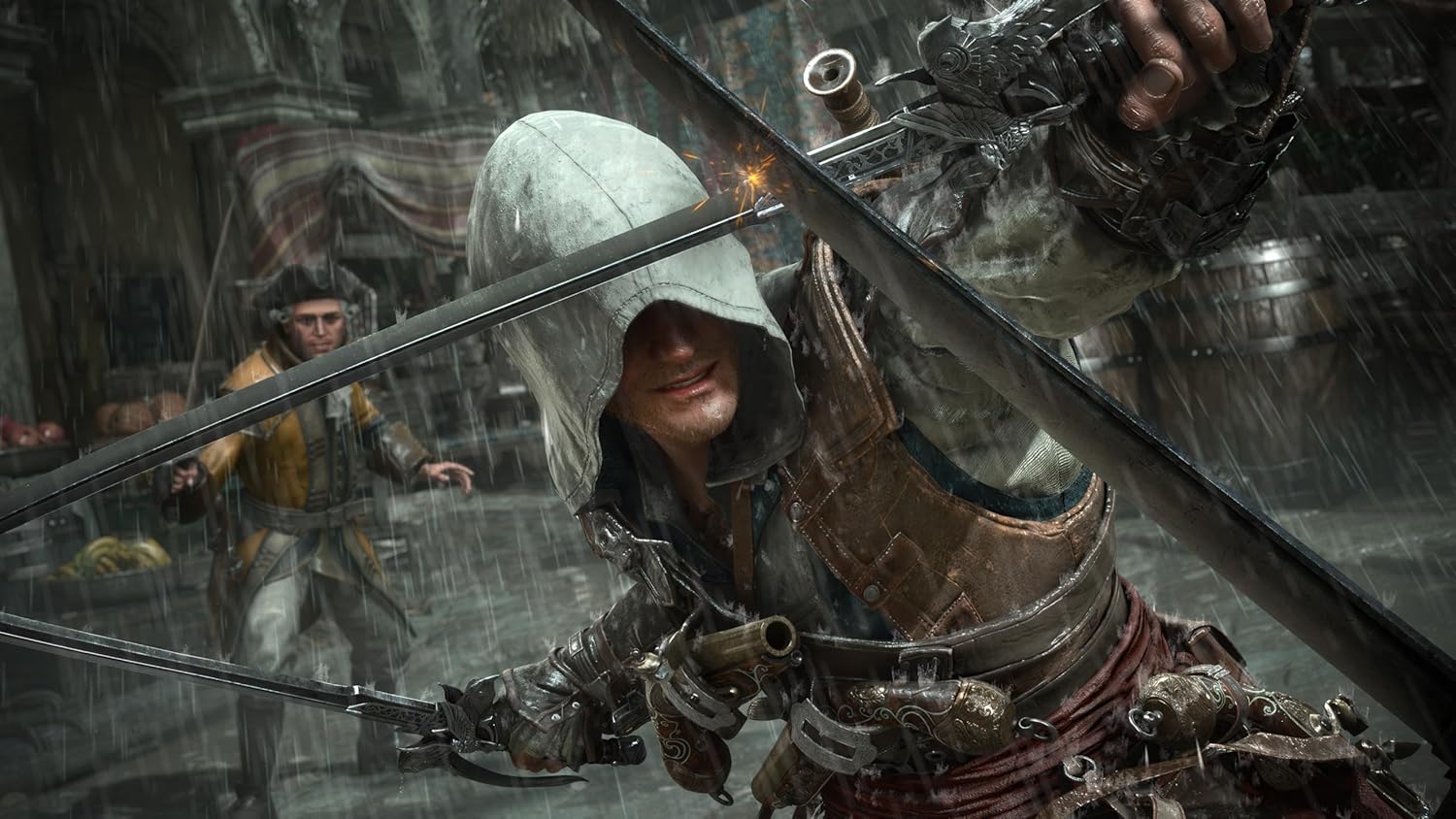 Medieval warrior in rain with sword and shield, intense battle scene.