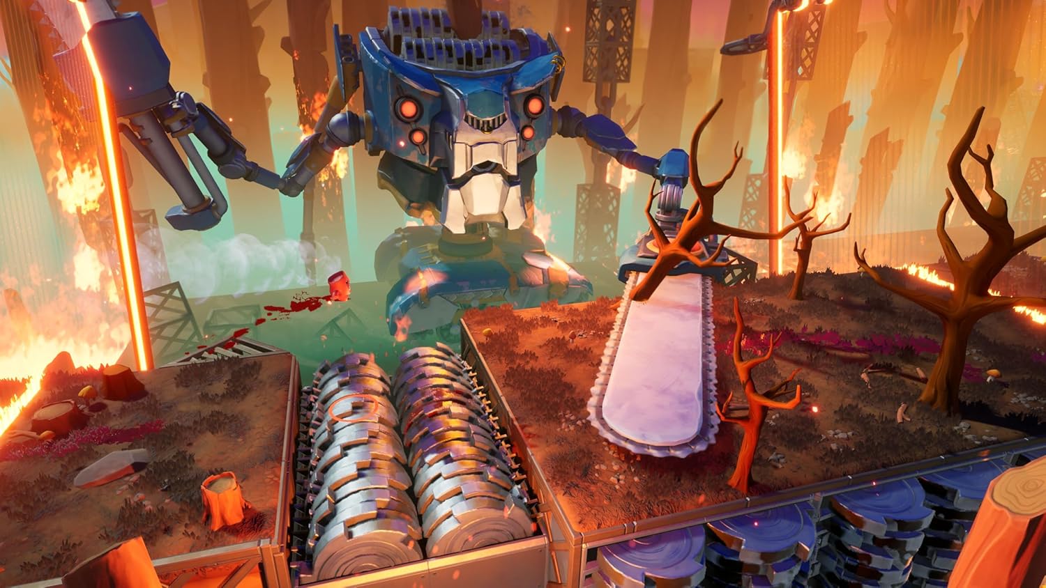 Dynamic Super Meat Boy 3D character in a fiery, post-apocalyptic landscape.