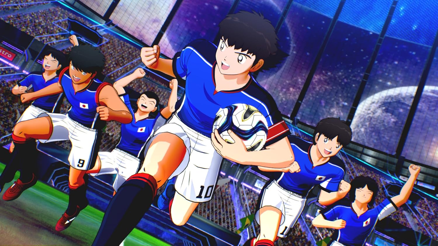 Young soccer players celebrating victory on the field during a match.