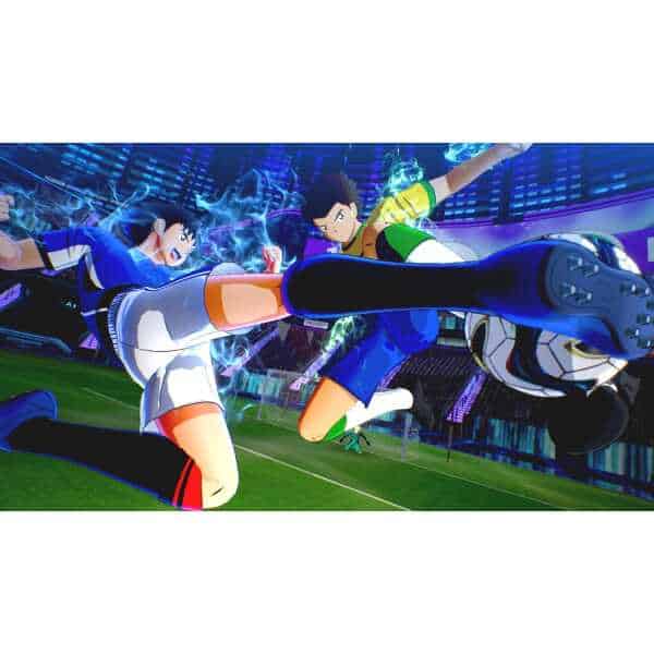 Futuristic soccer game with animated characters in a high-tech stadium, showcasing dynamic gameplay.