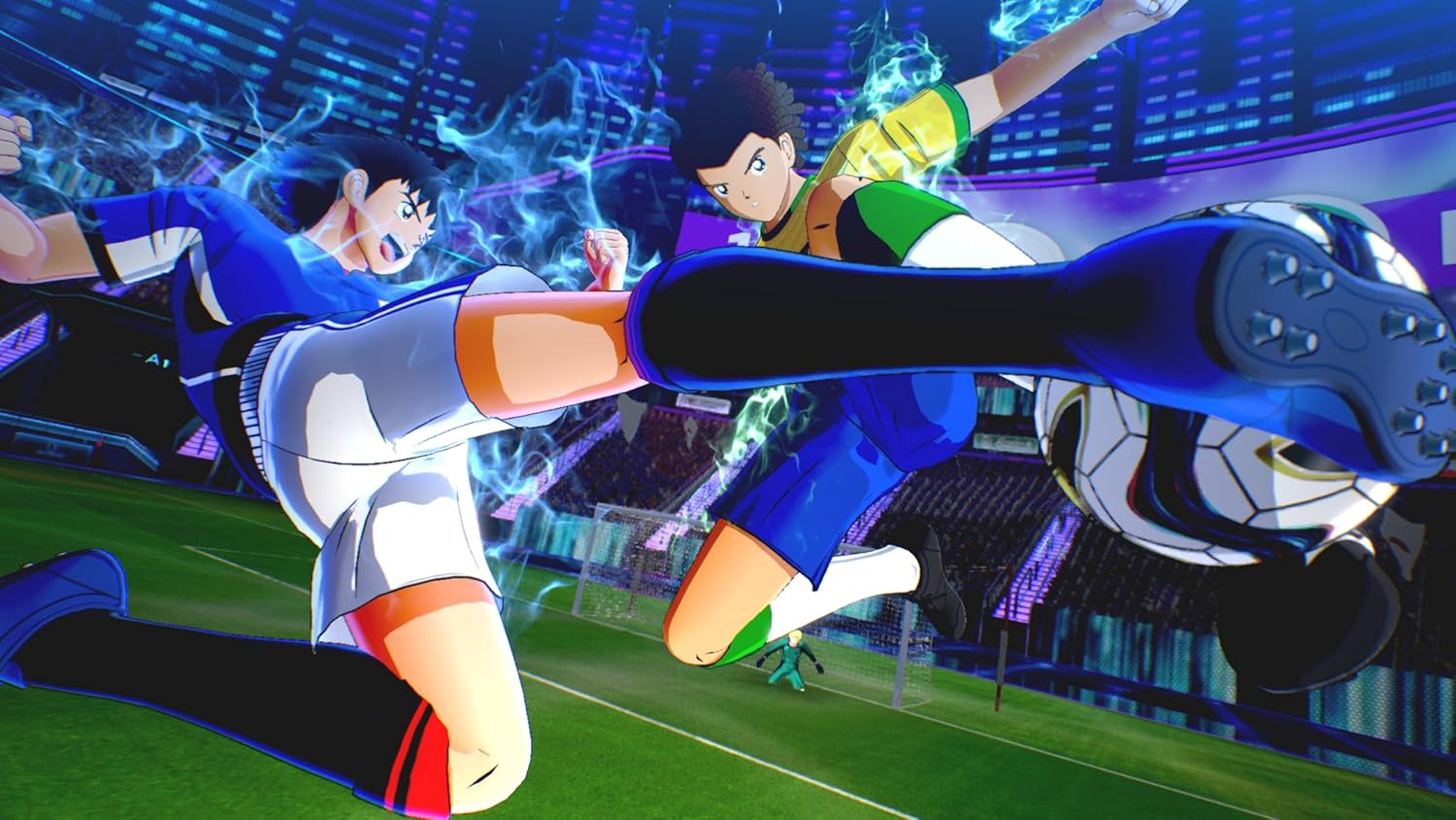 Futuristic soccer game with animated characters in a high-tech stadium, showcasing dynamic gameplay.