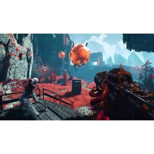 First-person view of Luna Abyss game with sci-fi environment and weapon in hand.