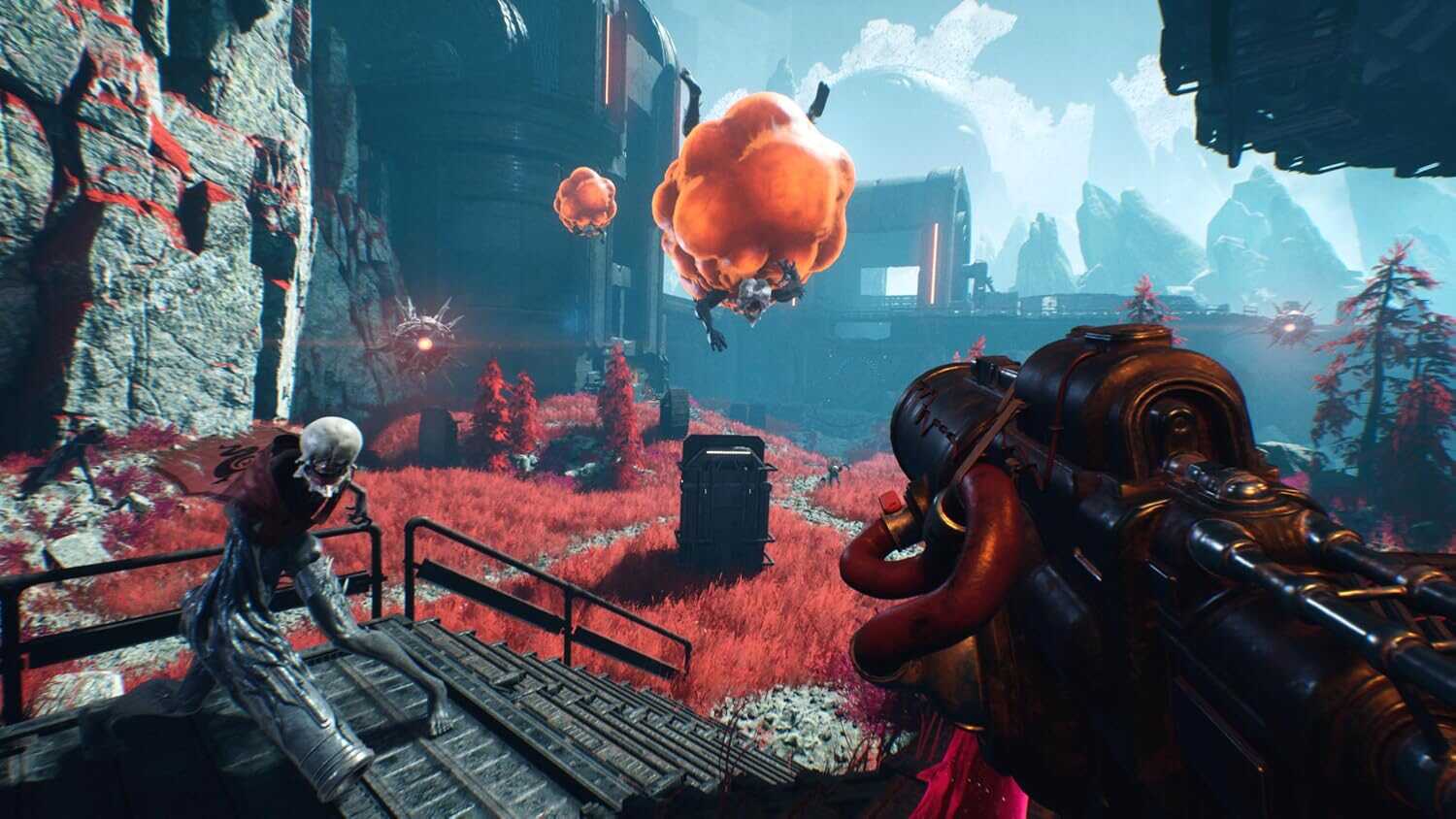 First-person view of Luna Abyss game with sci-fi environment and weapon in hand.
