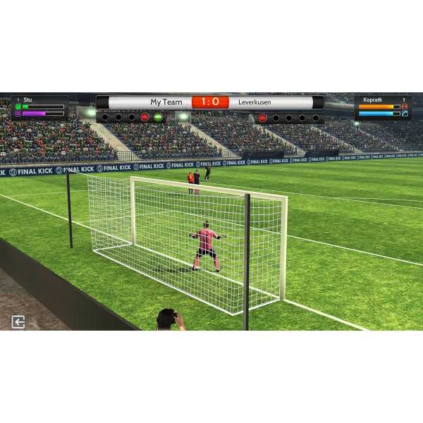 Exciting soccer penalty kick scene from Gameware football game.