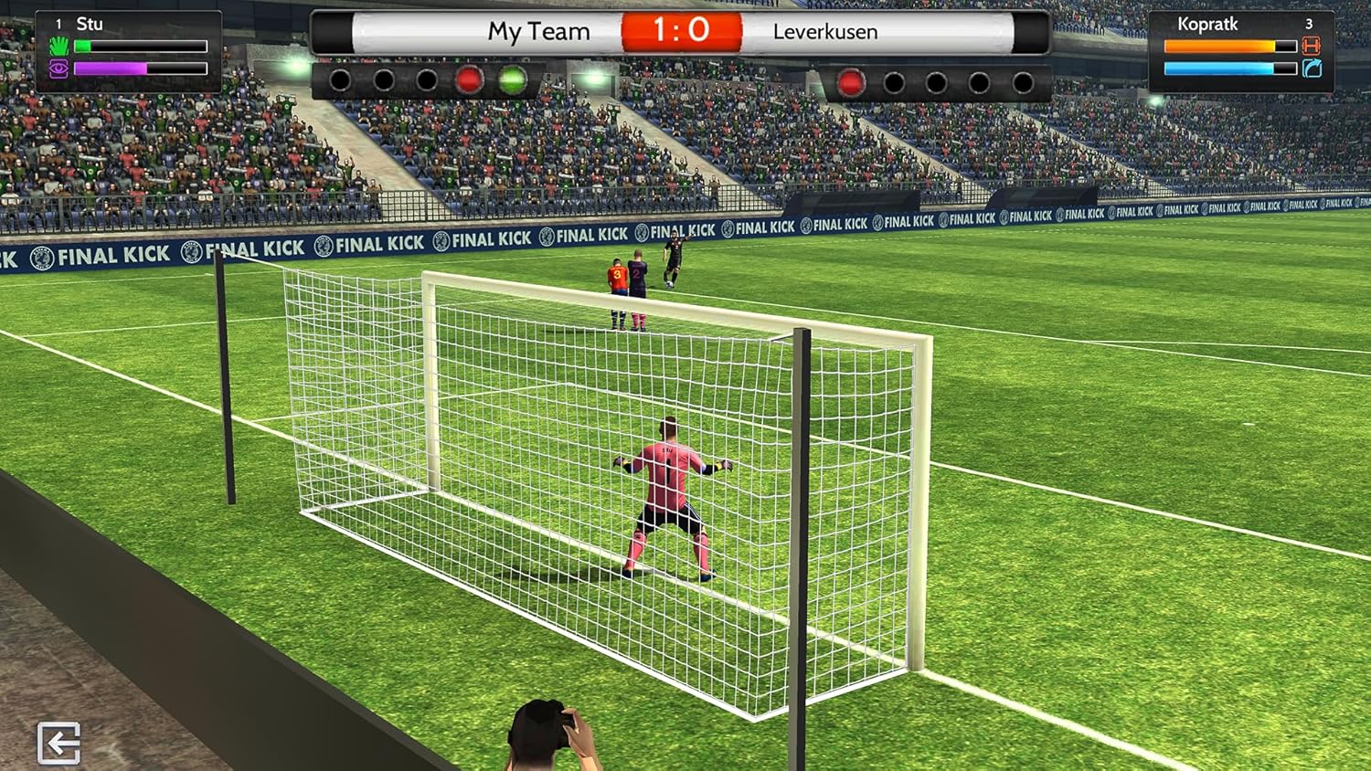 Exciting soccer penalty kick scene from Gameware football game.