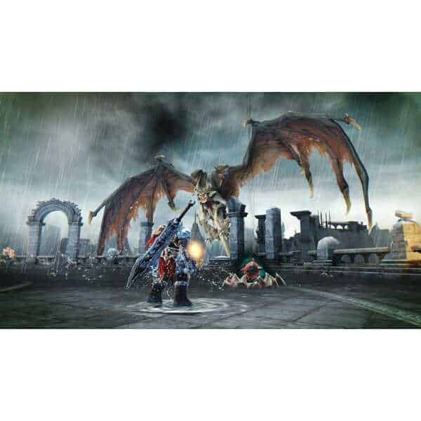 Darksiders Warmastered game scene with hero fighting a giant winged demon in ruins.