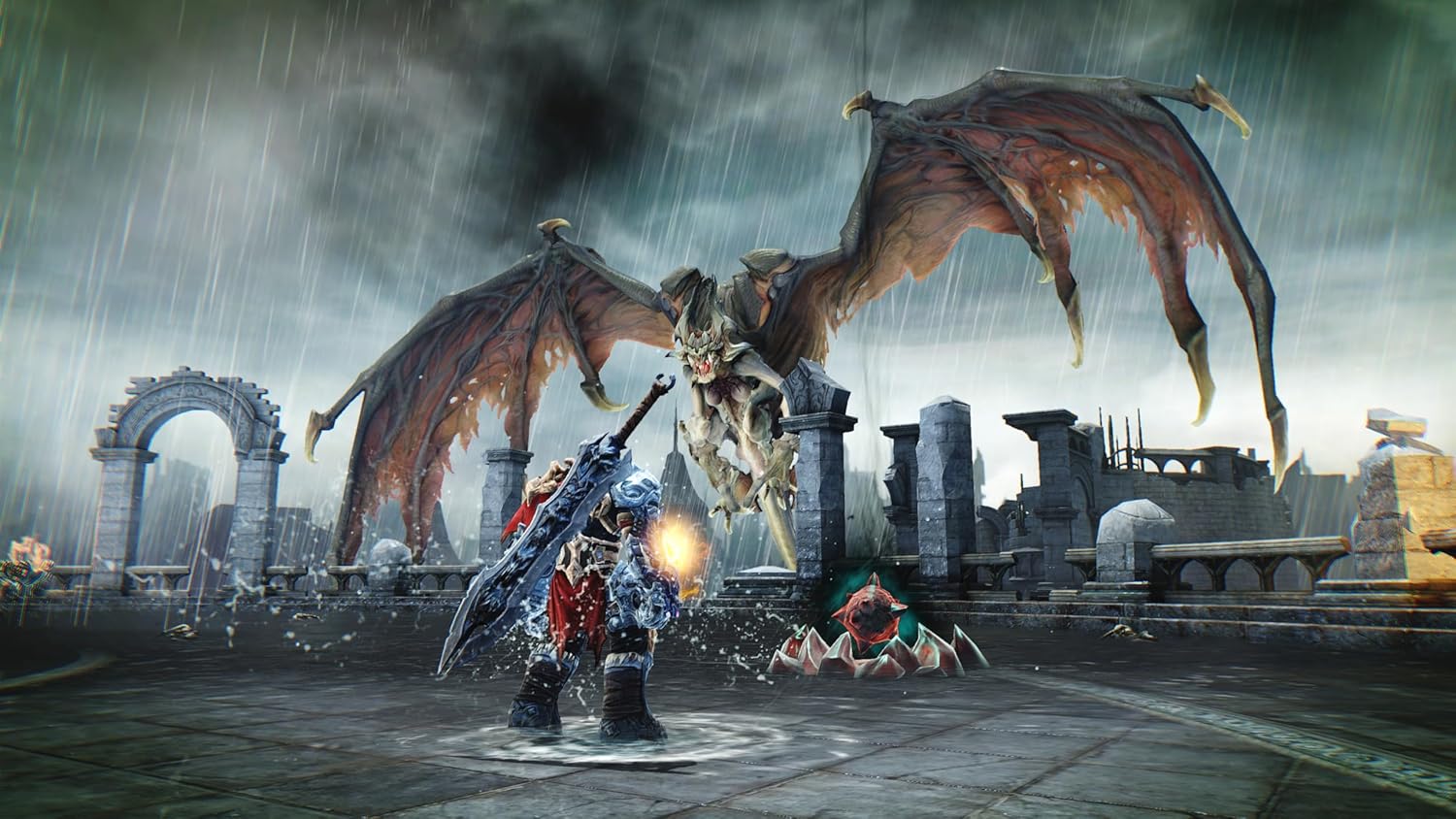 Darksiders Warmastered game scene with hero fighting a giant winged demon in ruins.