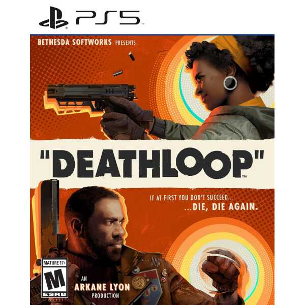 Deathloop PS5 game cover art featuring characters with guns.