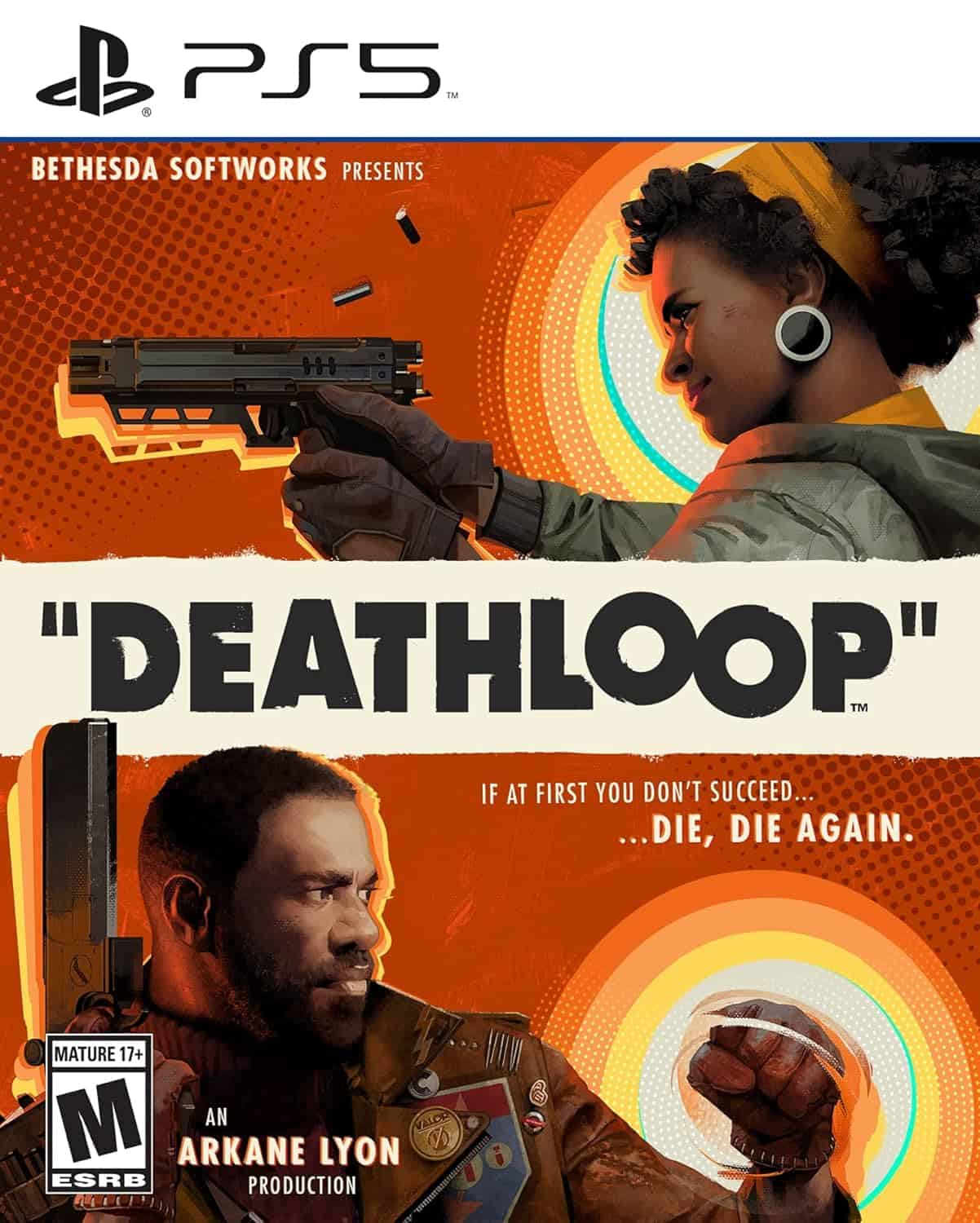 Deathloop PS5 game cover art featuring characters with guns.