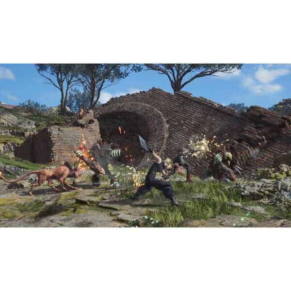 Action scene from Final Fantasy VII Rebirth with characters battling near a ruined brick structure.