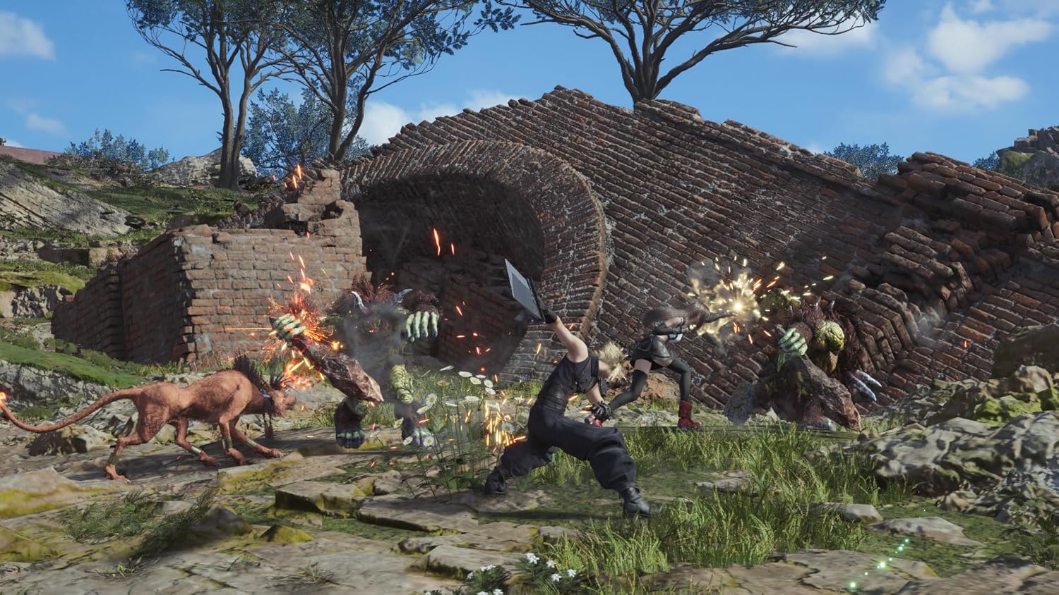 Action scene from Final Fantasy VII Rebirth with characters battling near a ruined brick structure.