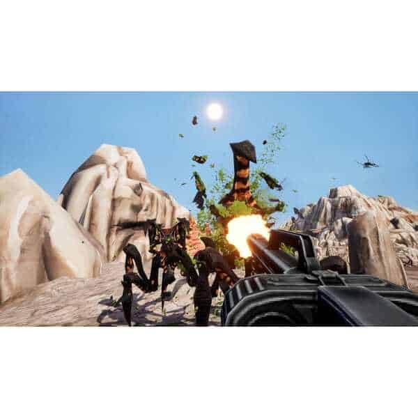 Intense sci-fi alien battle with futuristic weaponry and explosions in rocky terrain.