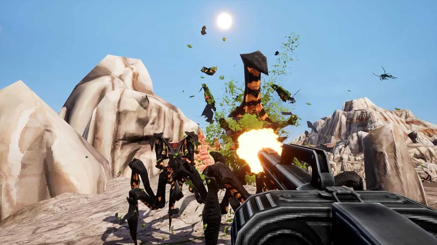 Intense sci-fi alien battle with futuristic weaponry and explosions in rocky terrain.