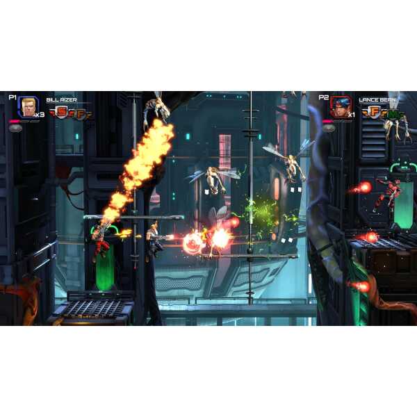 Futuristic city action shooter game with flying enemies and explosive combat scenes.