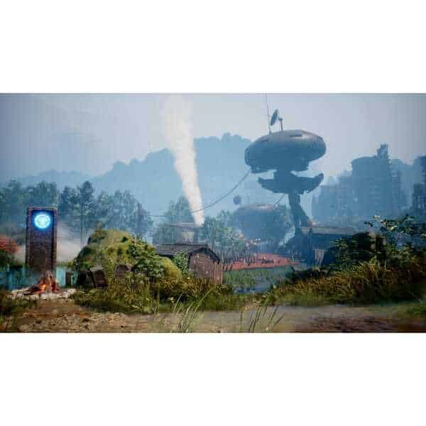 Futuristic landscape featuring a large, advanced robot and lush greenery, showcasing innovative gami.