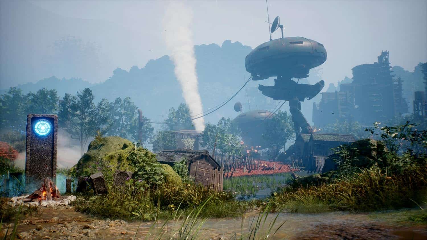 Futuristic landscape featuring a large, advanced robot and lush greenery, showcasing innovative gami.