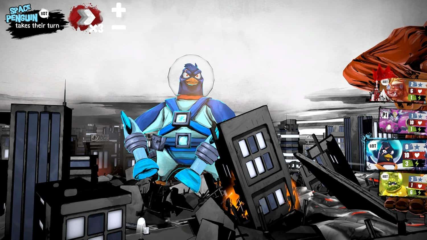 Limited Edition King of Tokyo game piece with cityscape background.