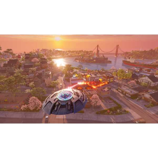 Futuristic UFO hovering above a cityscape during sunset with a bridge in the background.