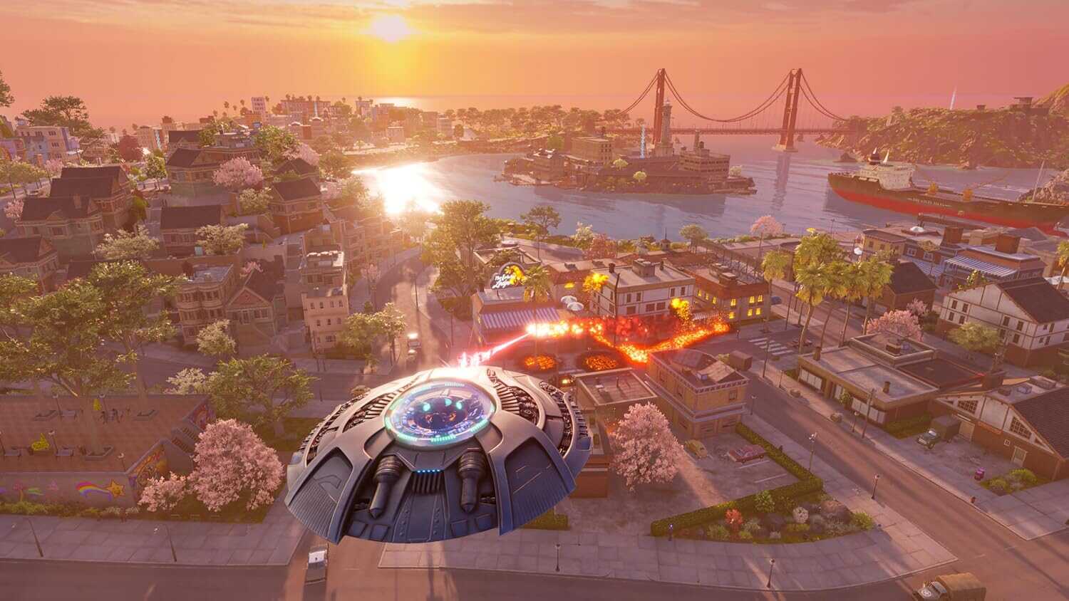 Futuristic UFO hovering above a cityscape during sunset with a bridge in the background.