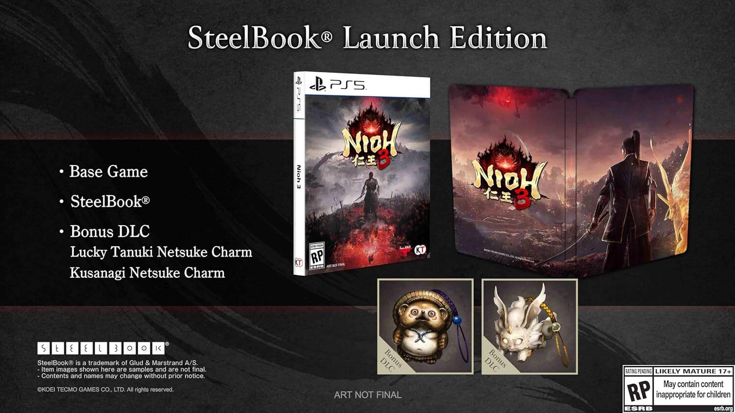 High-quality SteelBook Launch Edition for Nioh 3 on PS5, includes bonus charms and exclusive artwork.