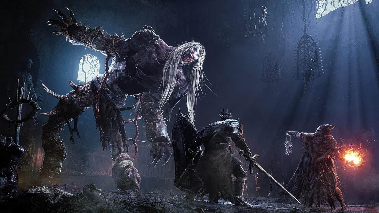 Fantasy monster with long hair and weapon in dark dungeon setting.