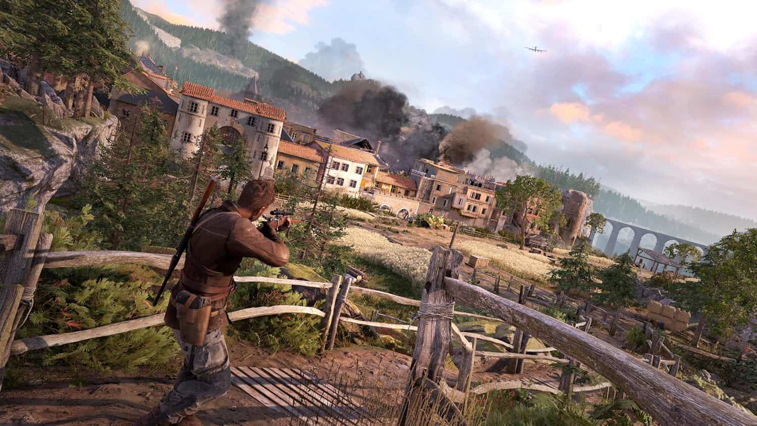Intense military combat scene featuring soldiers, explosions, and a war-torn village landscape.