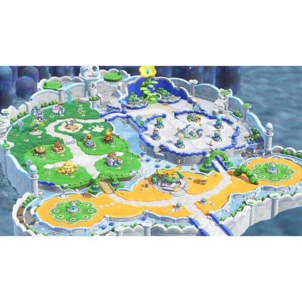 Super Mario Bros. Wonder game map with colorful worlds and characters on Nintendo Switch.