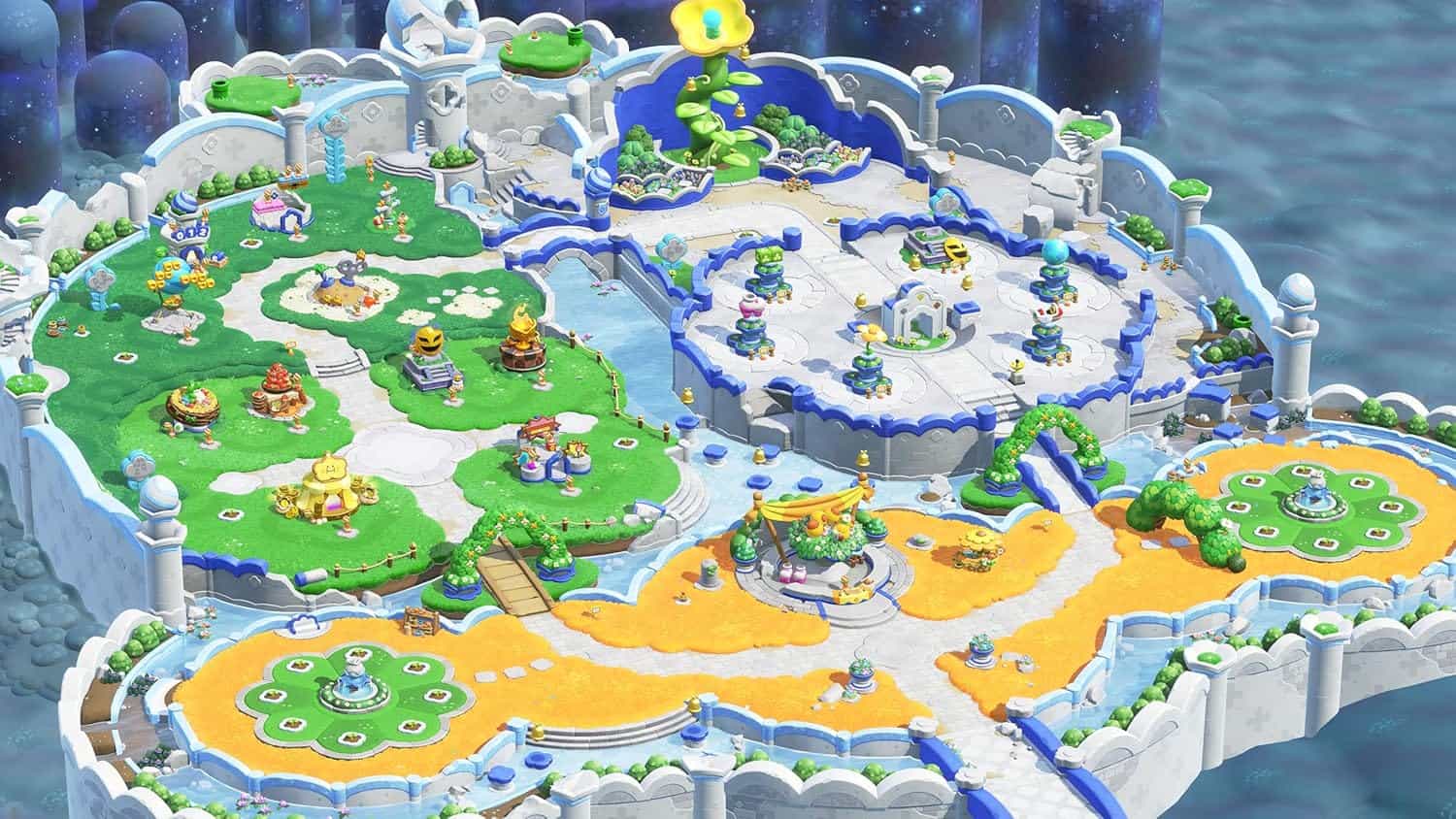 Super Mario Bros. Wonder game map with colorful worlds and characters on Nintendo Switch.