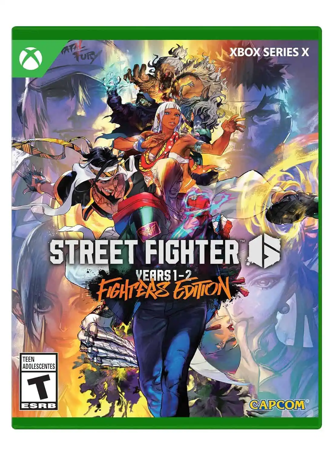 Xbox Series X Street Fighter 6 Fighters Edition game cover with characters in action.