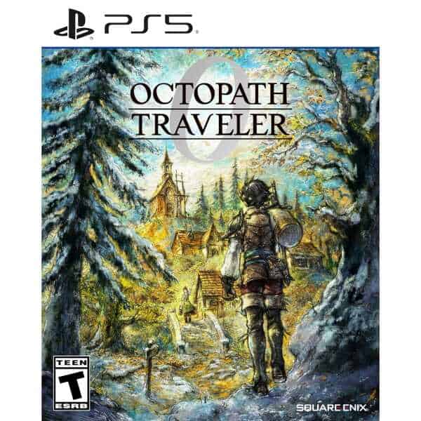 OCTOPATH TRAVELER 0 game cover for PS5, featuring a character walking through a scenic village lands.