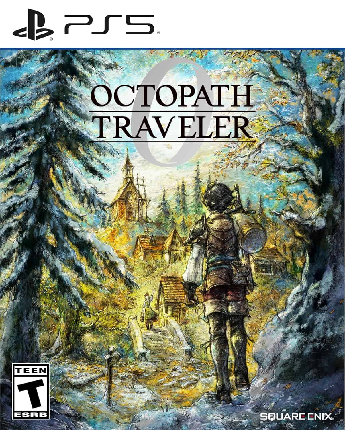 OCTOPATH TRAVELER 0 game cover for PS5, featuring a character walking through a scenic village lands.