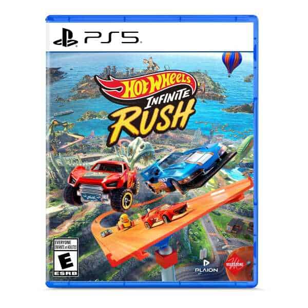 Hot Wheels Infinite Rush PS5 game cover with cars and racing scene.