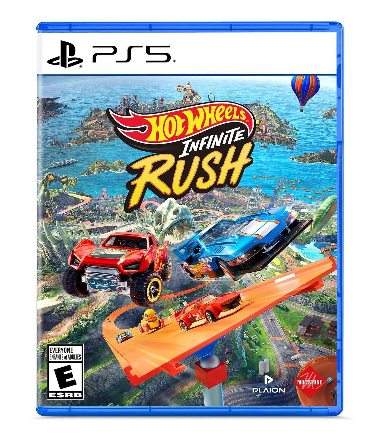 Hot Wheels Infinite Rush PS5 game cover with cars and racing scene.
