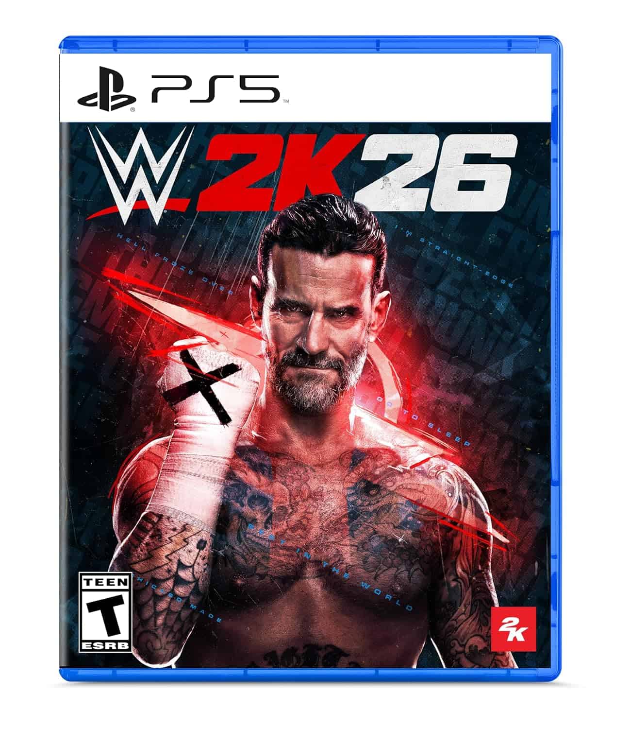 WWE 2K26 cover featuring a muscular wrestler with tattoos and intense expression.