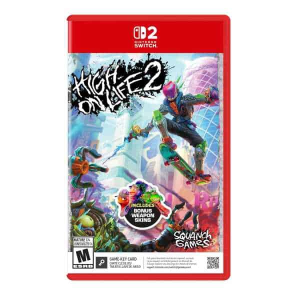 High on Life Nintendo Switch game cover with colorful alien characters and futuristic city backgroun.