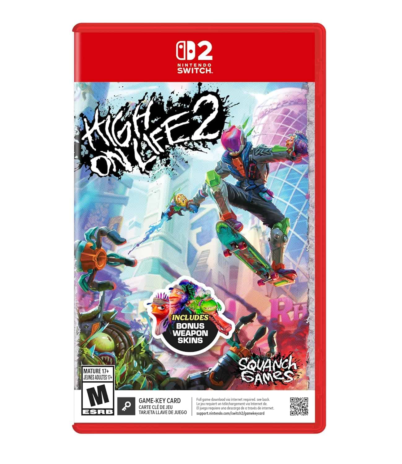 High on Life Nintendo Switch game cover with colorful alien characters and futuristic city backgroun.