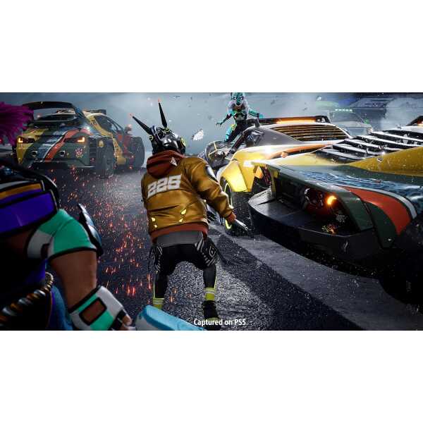 Futuristic racing game featuring high-speed cars and dynamic action on PS5, showcasing advanced grap.
