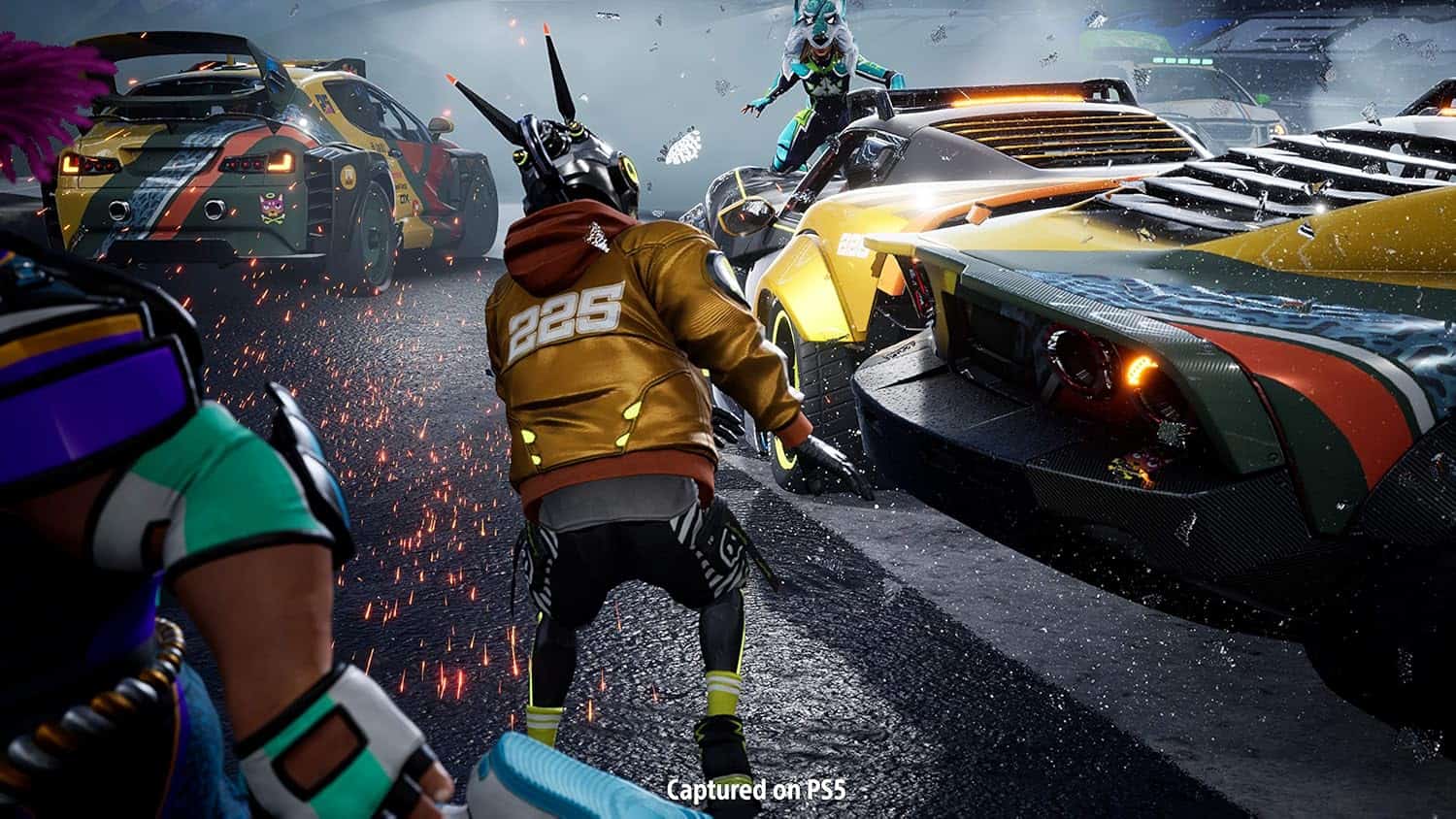 Futuristic racing game featuring high-speed cars and dynamic action on PS5, showcasing advanced grap.